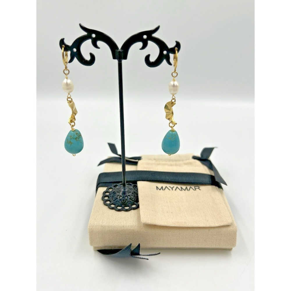 Mayamar Gold Plated Faux Pearls and Faux Turquoise Stone Drop Earrings..